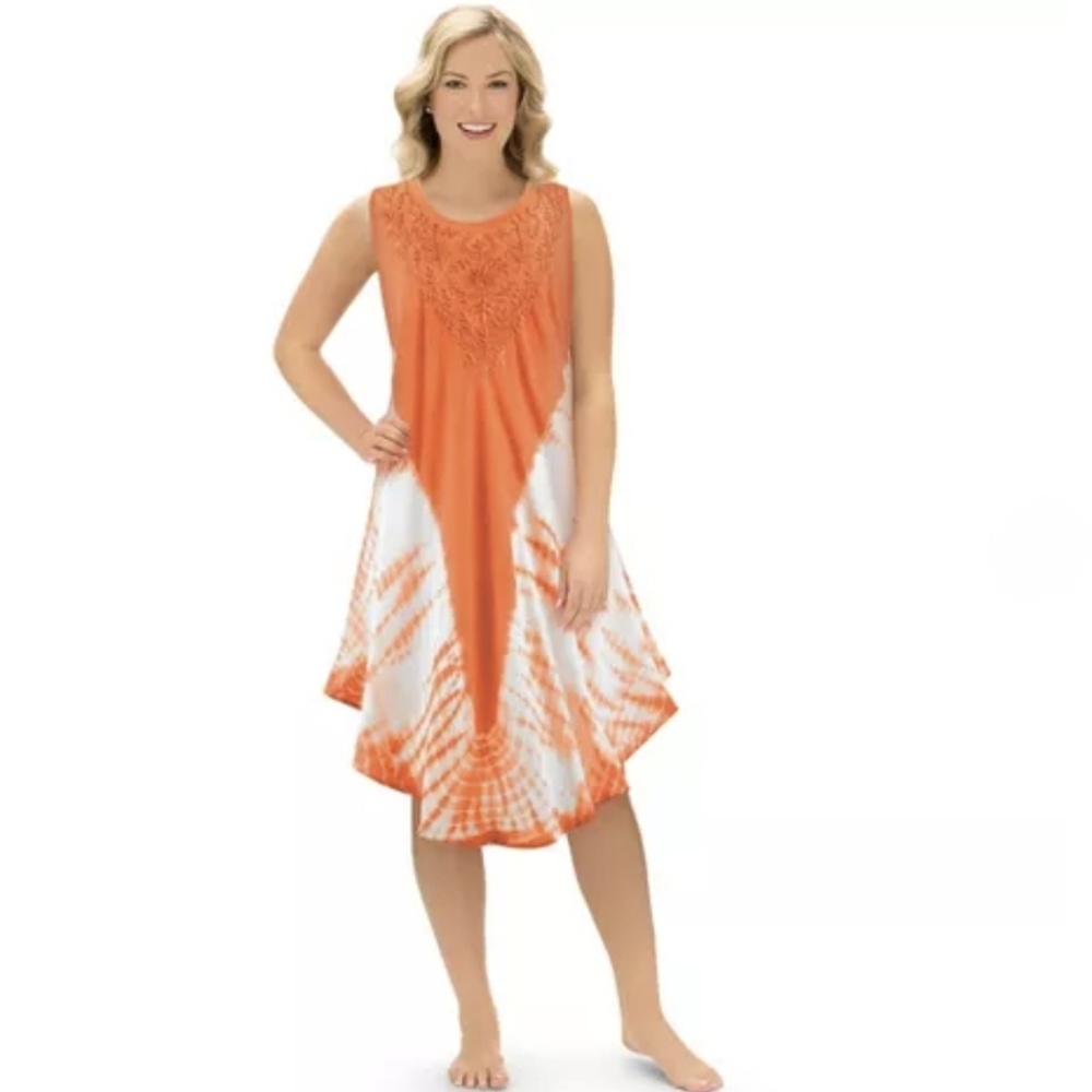 Collections Etc‎ Small Orange Tie-Dye Embroidered Sleeveless Asymmetrical Dress